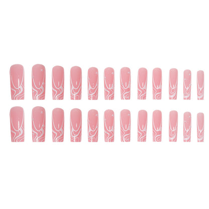 Long French Nail Tips with Pearl Lines, Removable