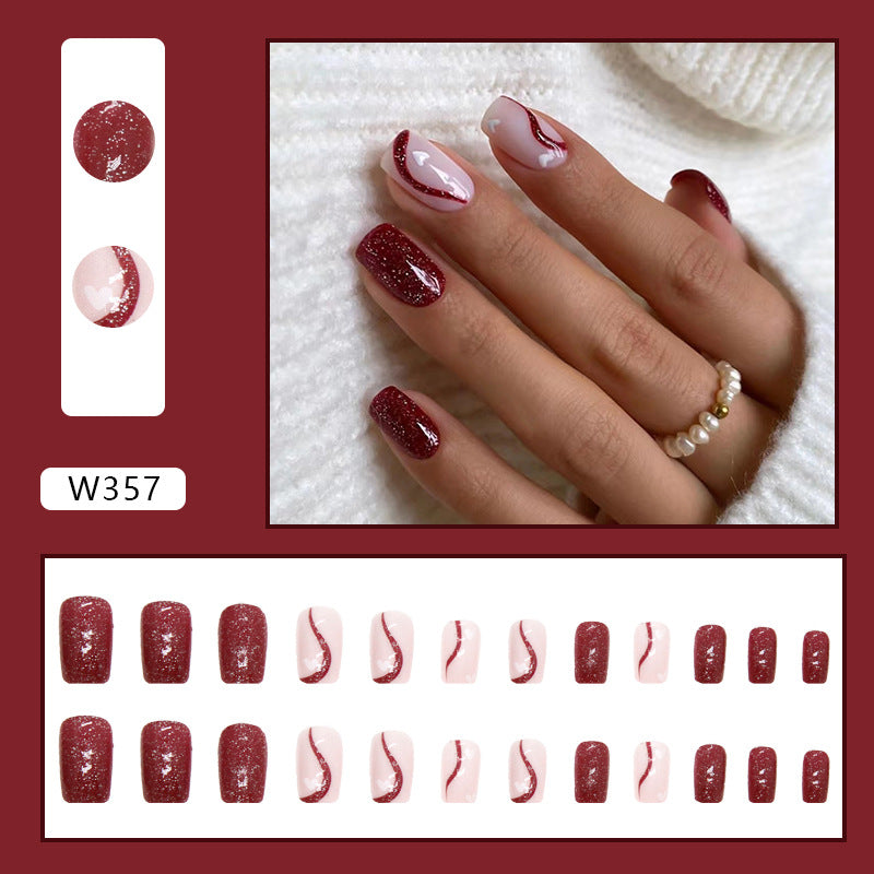 Square Flashy Cherry Red Ins Nails Wine Ripple Heart Wearable Nails Wholesale