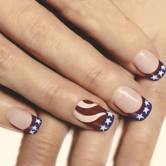 4th of July Short French Skin-Tone Star Nails