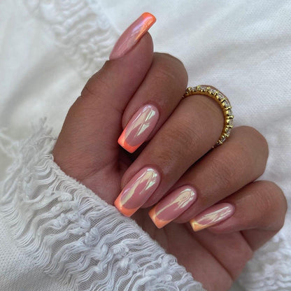 Shiny Aurora Orange French Nails, Mid-Length Square Shape