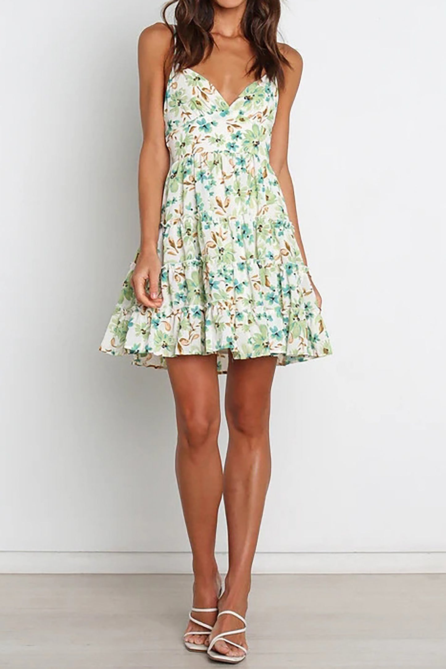 Green Flowers Print A-line Midi Dress