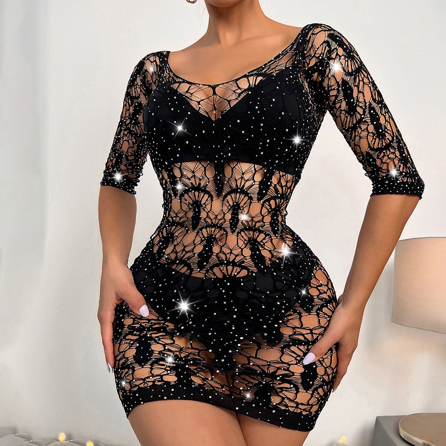 Free Shipping For Hot Diamond Spider See-through Rhinestone Bodysuit