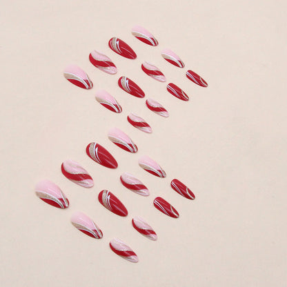 Almond Nails Irregular Wave Burgundy French Sparkling Wave Lines Euro Ins Style Spicy Girl-homeunderwear