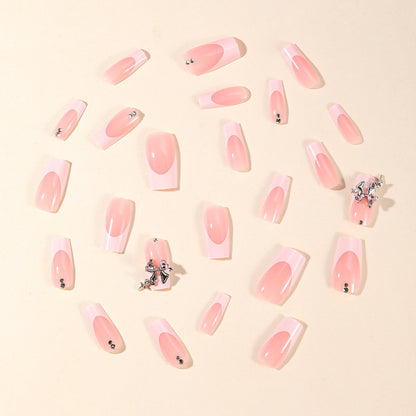 Medium Rectangle White French Sweet Pink Heart Bow Pendant Star Fake Nails-homeunderwear