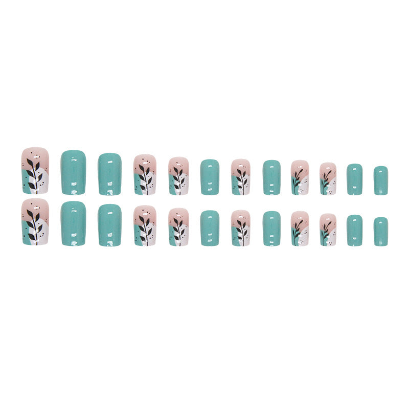 Summer Fresh Mid-Length Nails, Lake Blue with Leaf Design-Homeunderwear