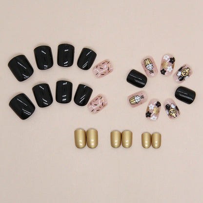 Sweet and Cool Black Gold Short Solid Color Nails