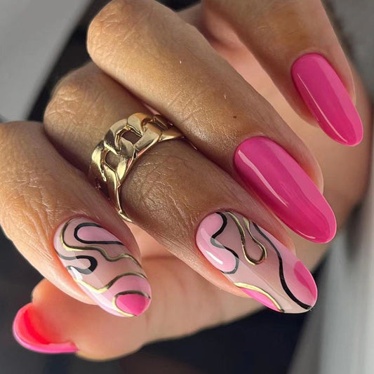 Ins Style Barbie Pink Almond Nails with Irregular Black Waves