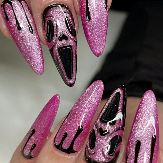 Almond Shape Aurora Purple Skull Nails, Halloween Special