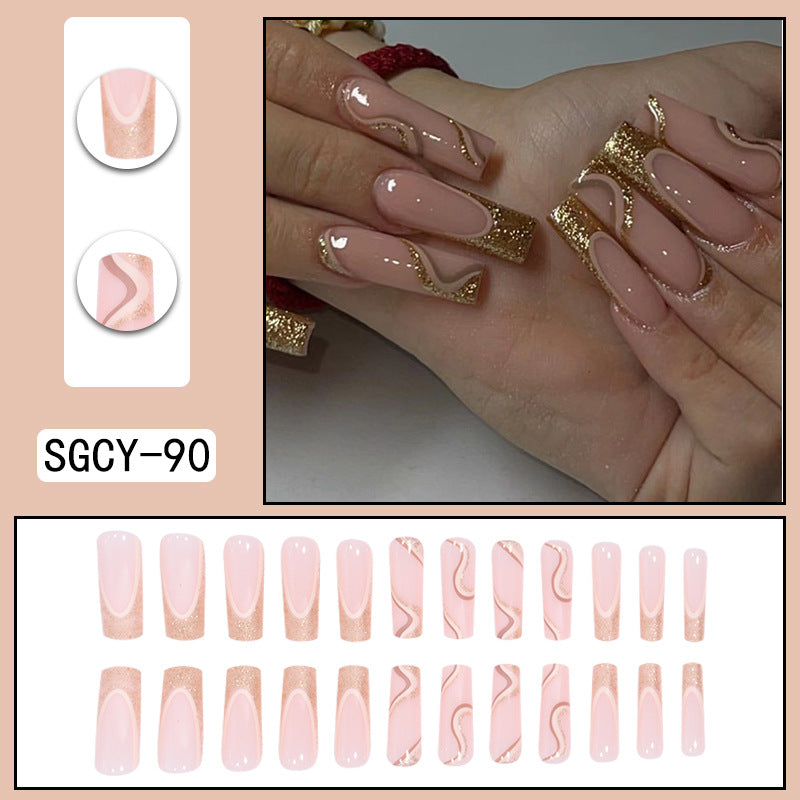 Long Waterpipe French Nails with Gold Glitter Lines