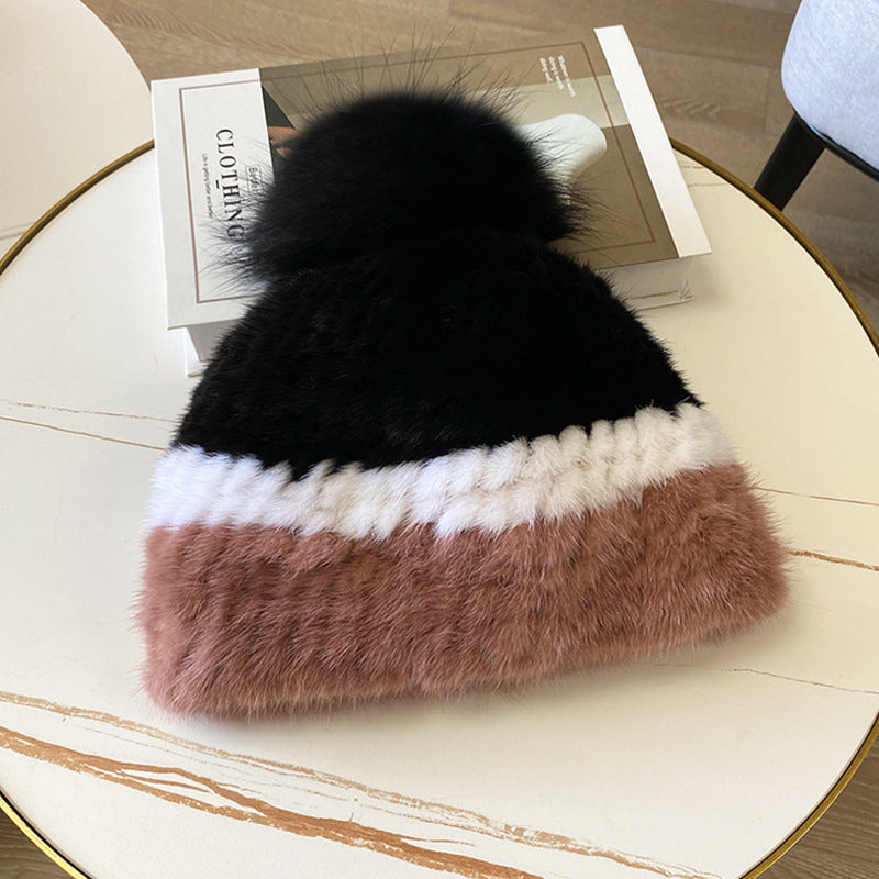 Women's Striped Fur Blend Hat with Real Rabbit Fur Pom Pom