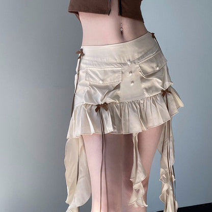 European and American Low Waist Solid Color Bow Pleated Mini Skirt