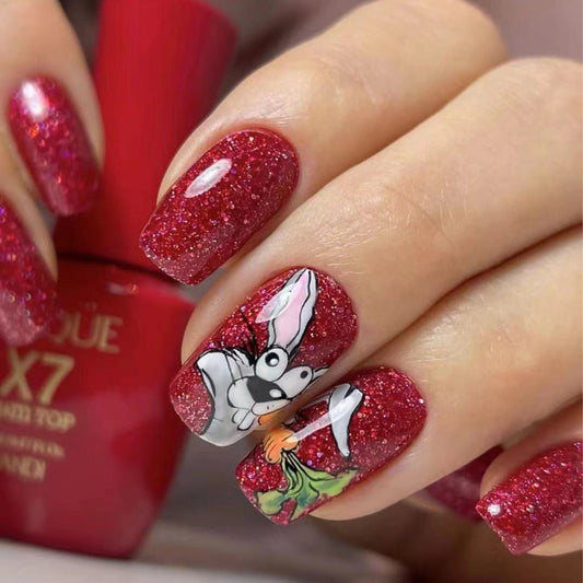 Spring Summer Red Glitter Short Square Easter Nails