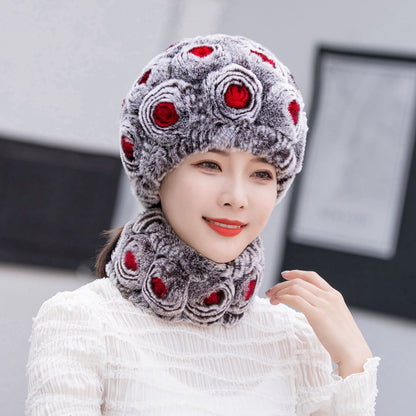 Warm Real Rabbit Fur Ear Flap Hat & Scarf Set