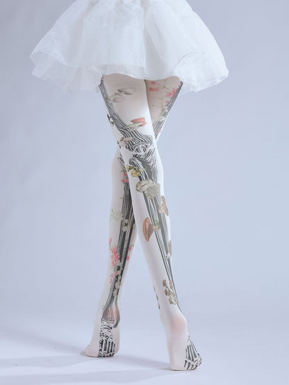Dark Articulated Bones Print Tattoo Pattern Halloween Dancing Pantyhose