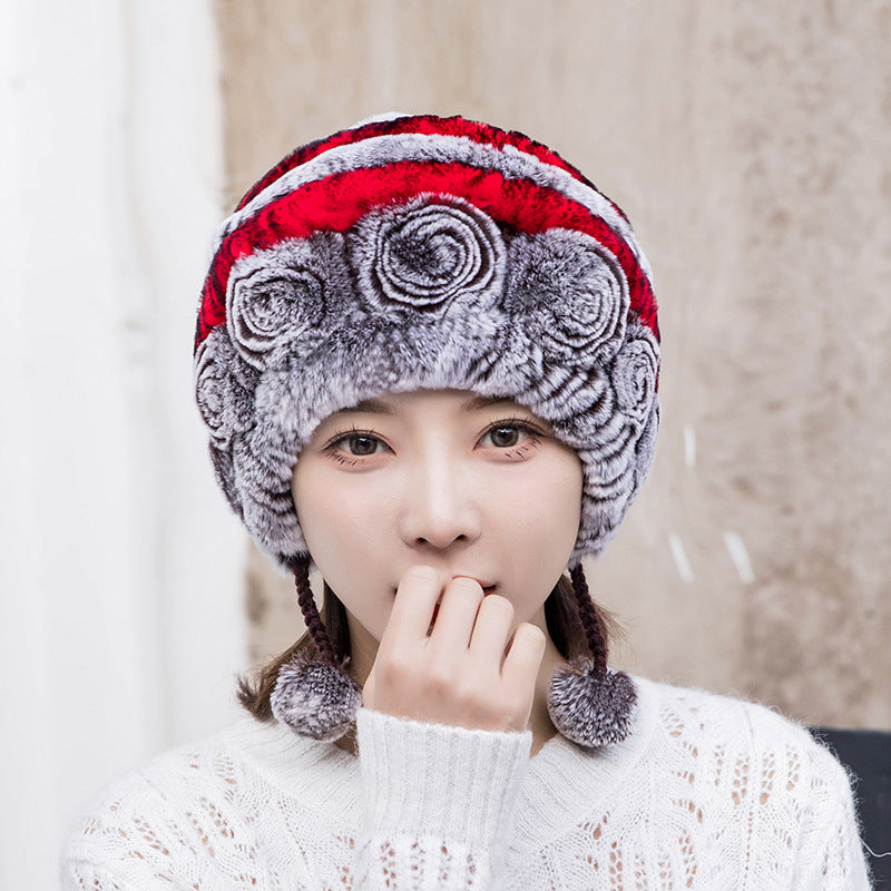 Winter Real Rabbit Fur Ear Flap Hat & Scarf Set