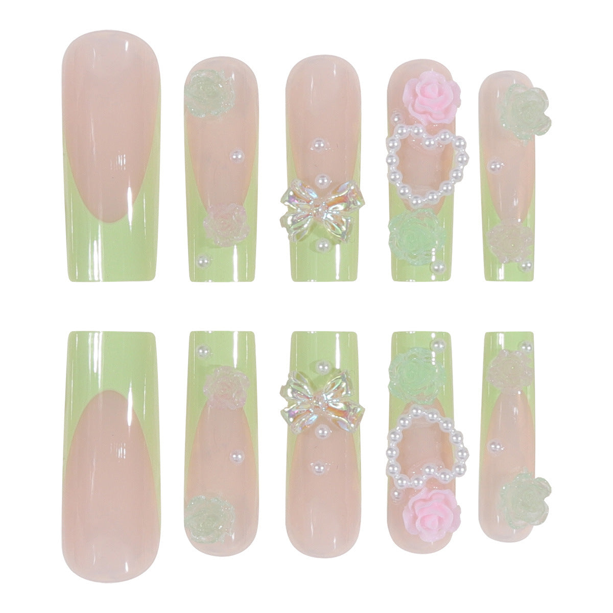 Long French Green Camellia Nail Tips with Bow