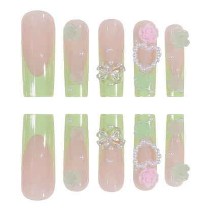 Long French Green Camellia Nail Tips with Bow