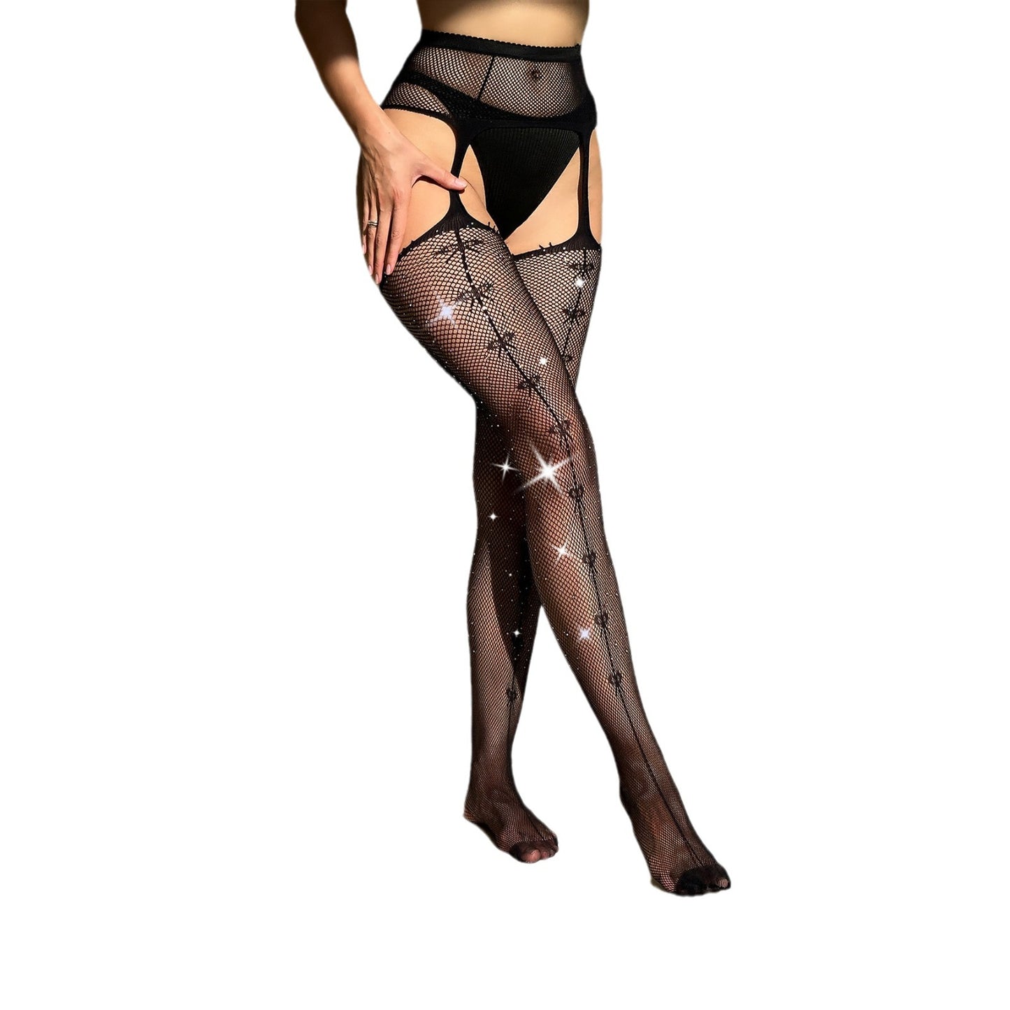 Sexy Rhinestone Bow Open Crotch Transparent Suspenders Mesh Socks Pantyhose