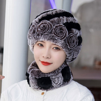 Warm Real Rabbit Fur Ear Flap Hat & Scarf Set