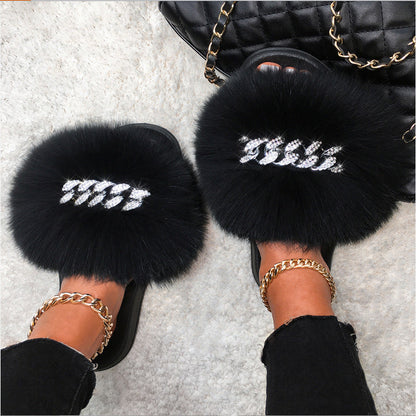 Womens Fuzzy Slippers, Fox Fur Inspired Sandals