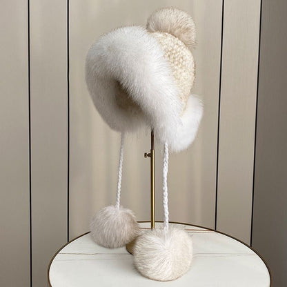 Winter Women's Mink Fur Hat with Fox Pom Pom - Stylish & Warm