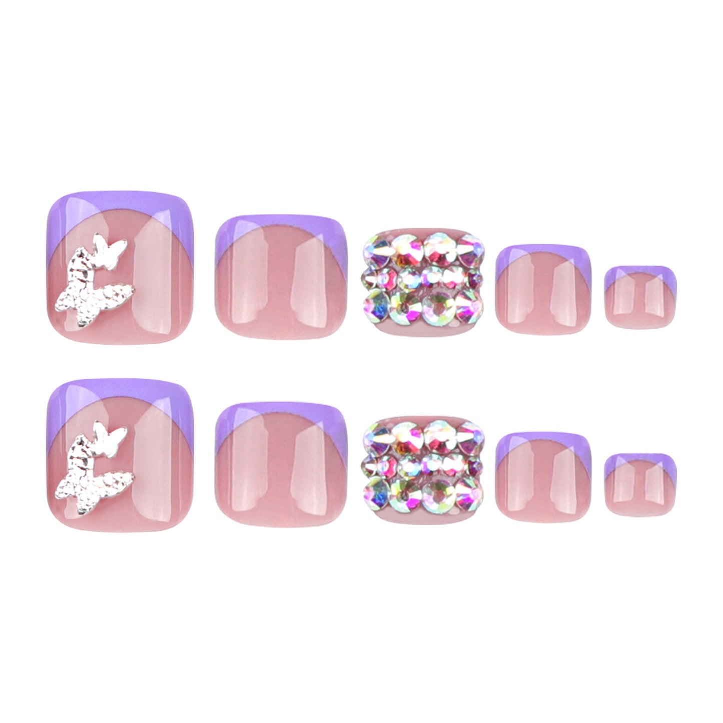 French Purple Toe Nail Art with Crystal Butterflies