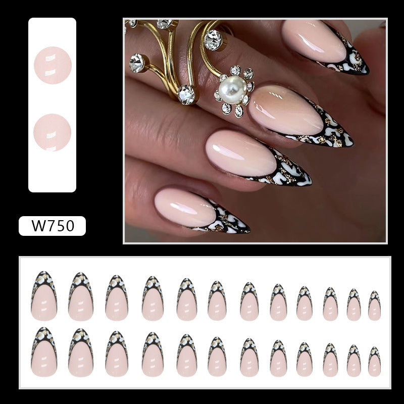 Almond Shape Leopard Print Nails - Black, French, Shimmer