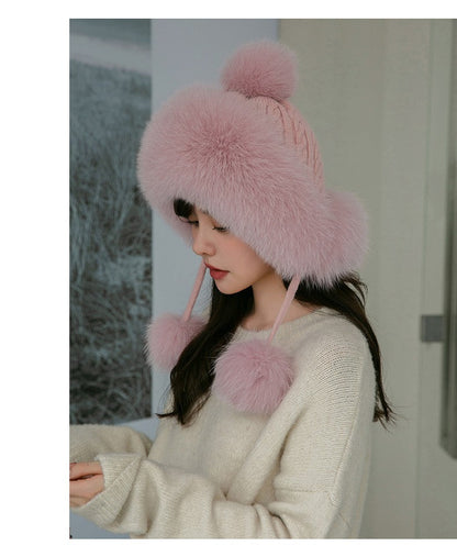 Winter Fox Fur Lined Beanie - Cozy & Cute Earflap Hat