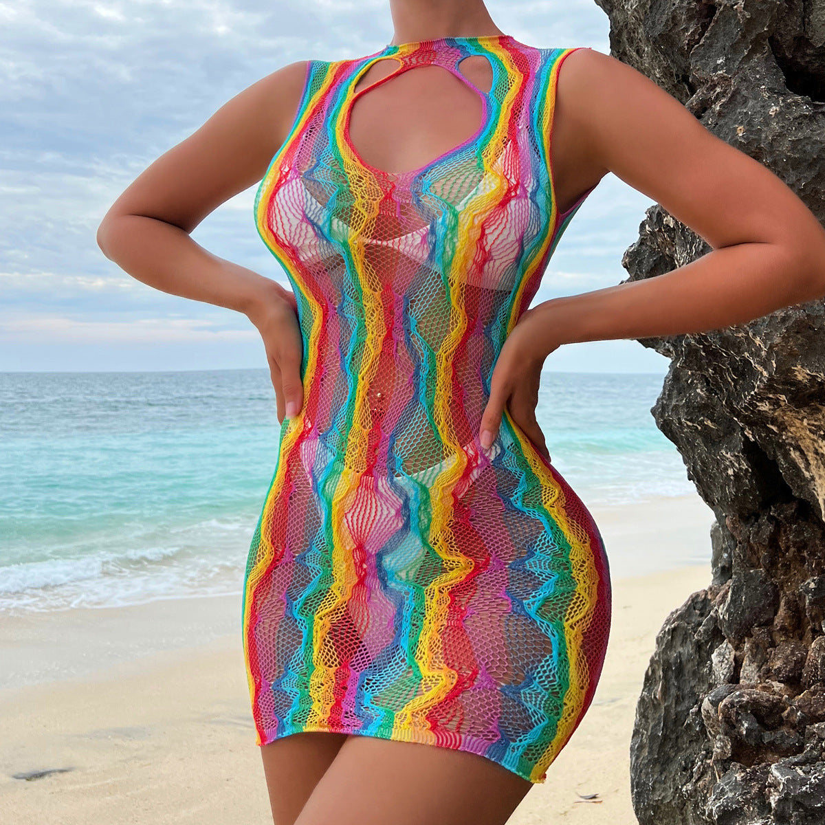 Free Shipping For Hollow Rainbow Fishnet Love Line Beach Bodysuit