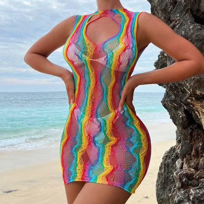 Free Shipping For Hollow Rainbow Fishnet Love Line Beach Bodysuit