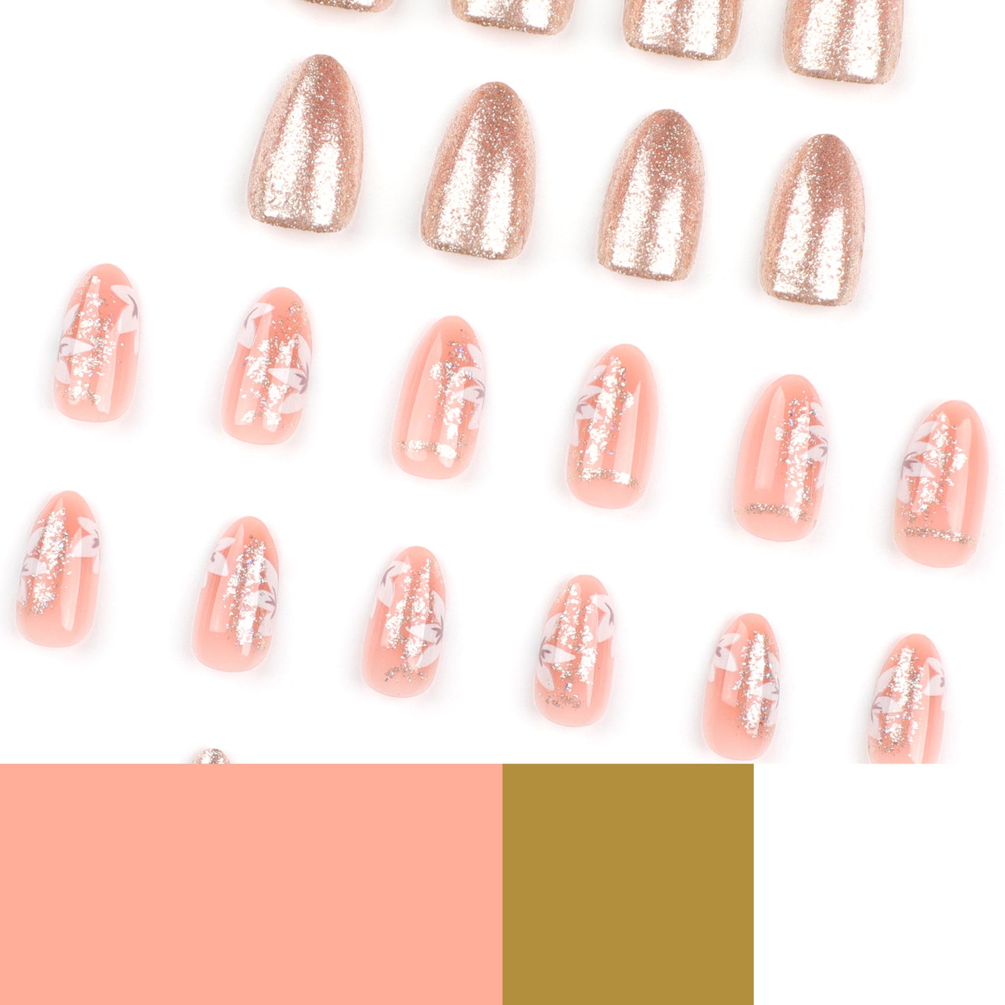 Summer Fresh Flower Nail Art Tips, Almond Shape with Gold Glitter-Homeunderwear