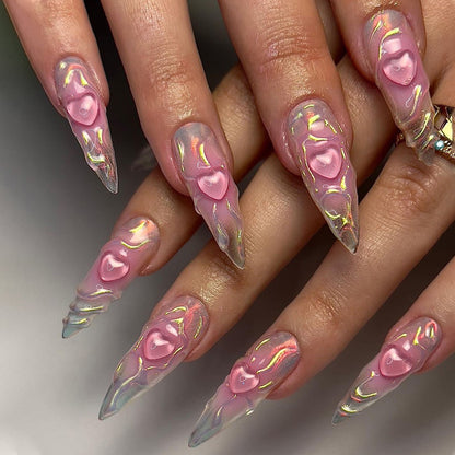 3D Pink Heart Extra Long Pointed Nail Extensions