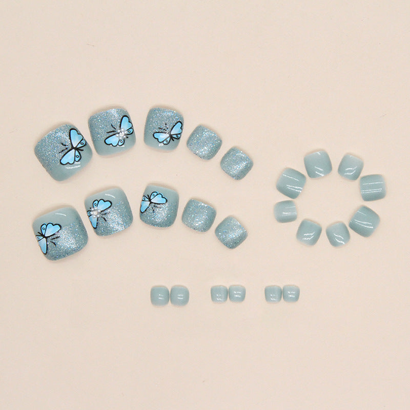 Spring/Summer New Haze Green Shiny Nails, Silver Blue Butterfly, Foot Nails-Homeunderwear