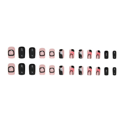 Mid-Length Square Sweet-Cool Solid Nails, Irregular Black Lines