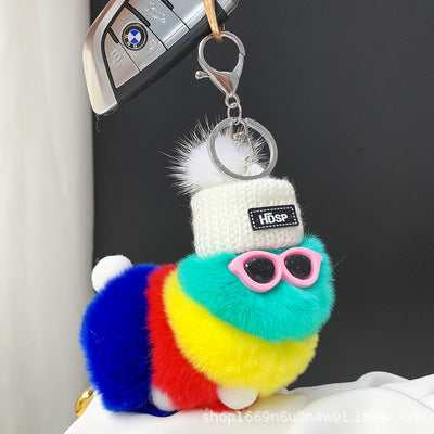 Real Rabbit Fur Caterpillar Keychain Plush Toy