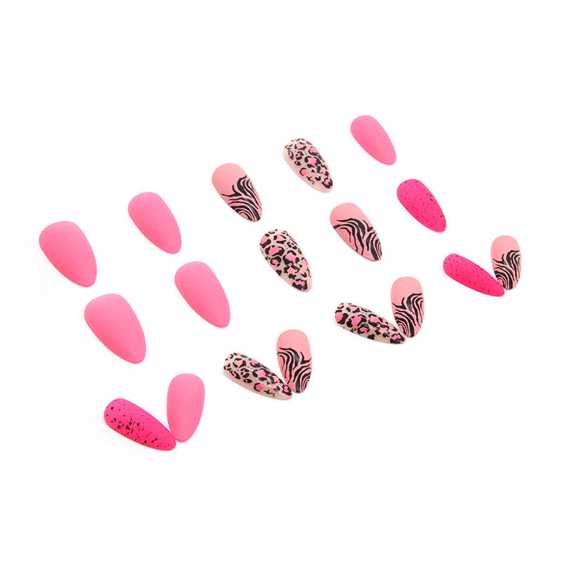 Almond Shape Pink Leopard Print Nails, Matte Finish, 24 Pieces