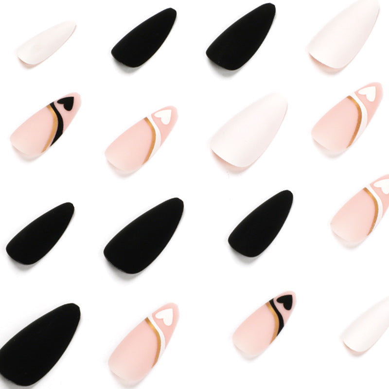 Wholesale French Black White Heart Nails, Gold Line, Matte Finish-Homeunderwear