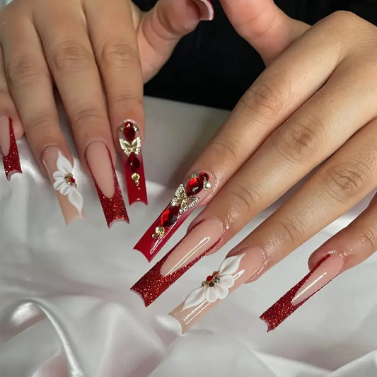 European Style Long Coffin Red Gradient Butterfly Inlaid Diamond Detachable Fake Nails