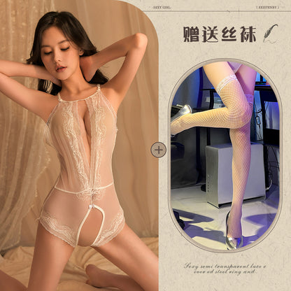 Sexy Lace Perspective Tight Open One-piece Pajamas Set Erotic Underwear