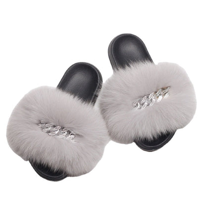 Womens Fuzzy Slippers, Fox Fur Inspired Sandals