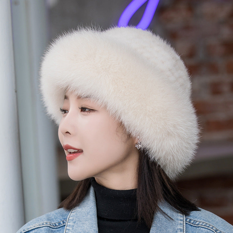 Warm Mink Fur Hat with Fox Pom Pom - Ear Flap Design