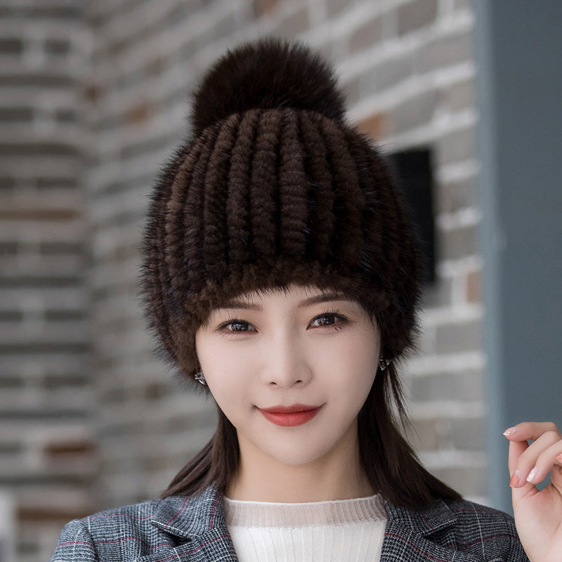 Winter Mink Fur Hat with Fox Pom Pom - Stylish & Warm