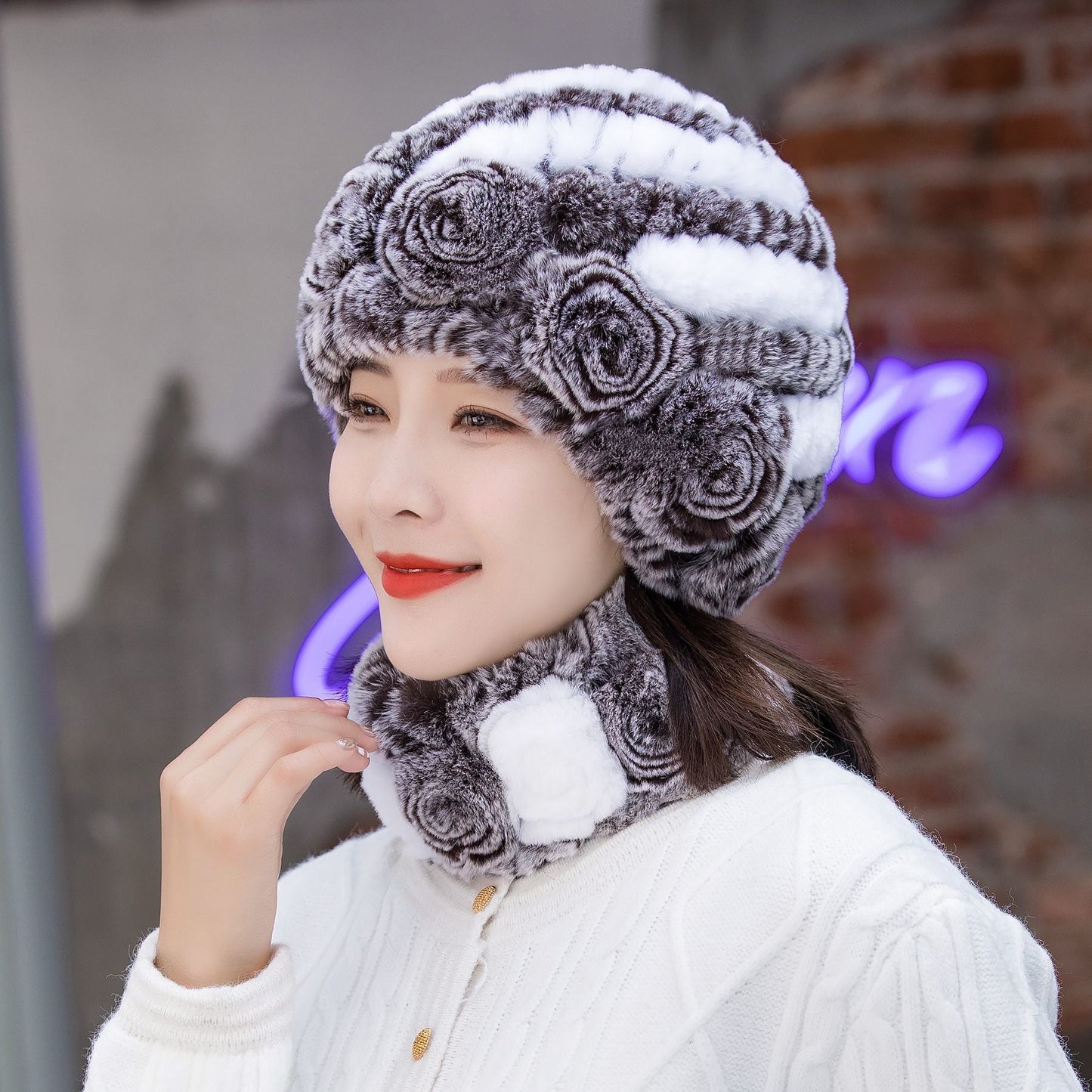 Warm Real Rabbit Fur Ear Flap Hat & Scarf Set