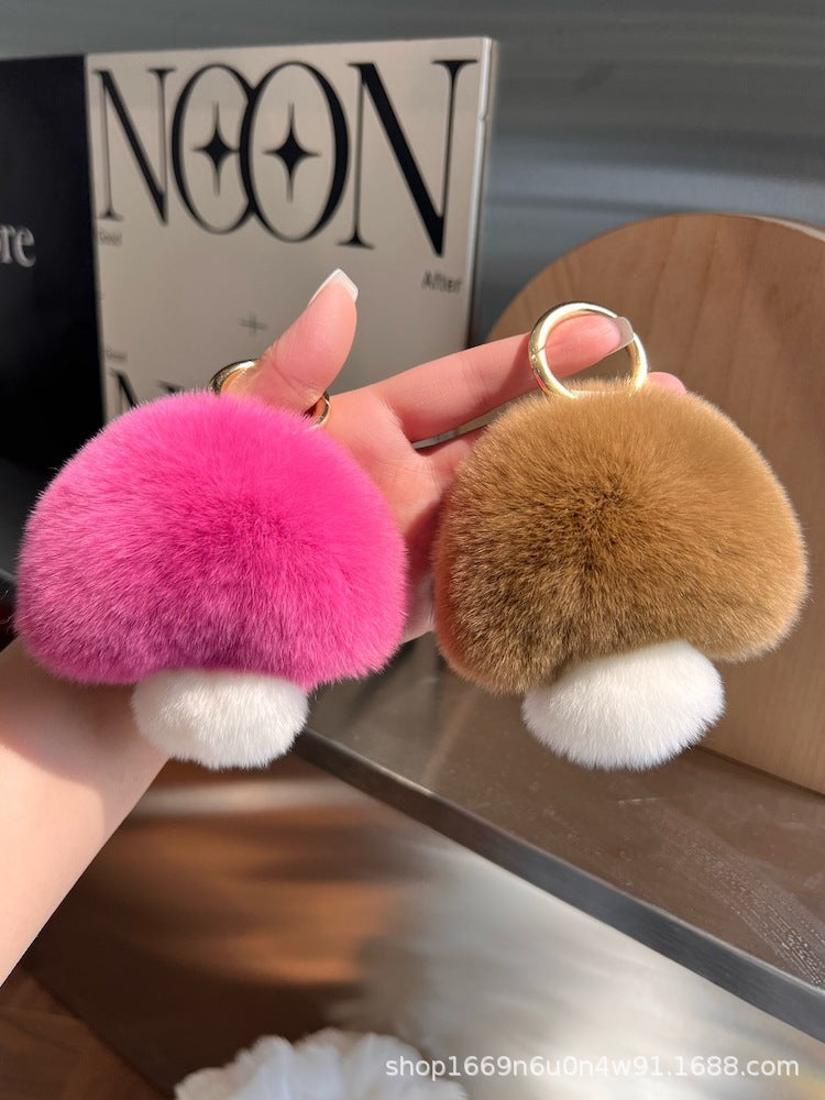 Cute Real Rabbit Fur Mushroom Keychain - Trendy Car Accessory