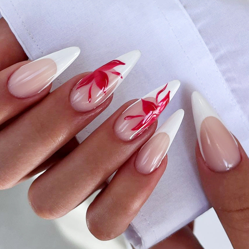 Long Pointed Nails with Red Maple Leaf and White Heart