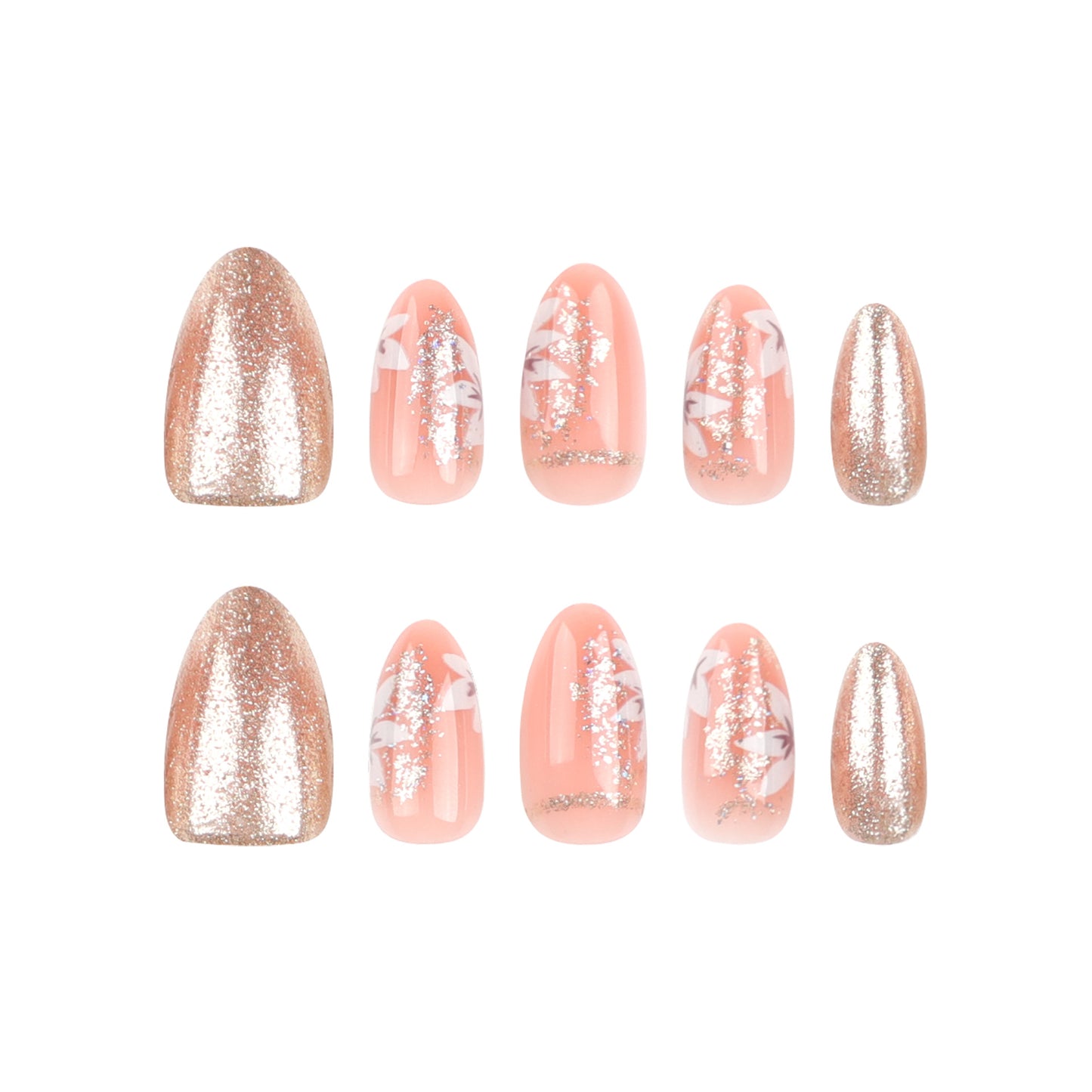 Summer Fresh Flower Nail Art Tips, Almond Shape with Gold Glitter-Homeunderwear