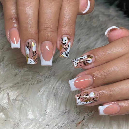 Simple White Edge French Nail Tips with Gold Foil Leaves