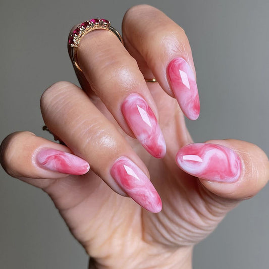 Pink White Ink Marble Gradient Detachable Fake Nails-homeunderwear