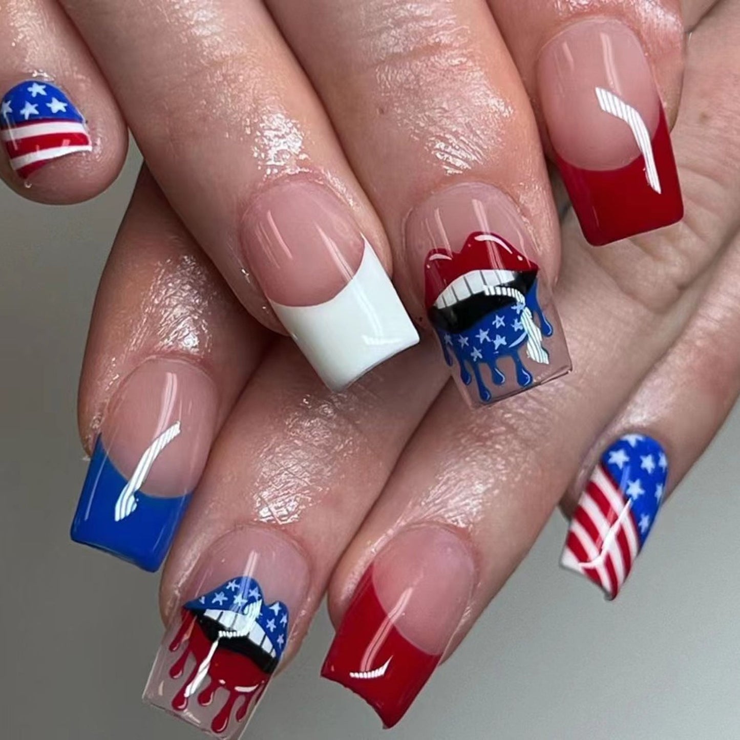 4th of July Red White Blue French Lips Flag Nails