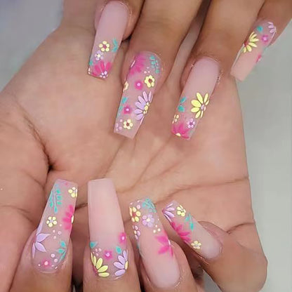 Long Ballet Nails with Multicolor Floral Prints